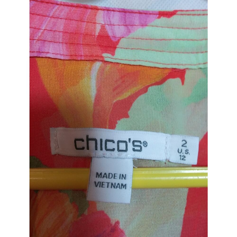 Chico's Vibrant Tropical Pink Floral Long-Sleeve Button Front Sheer Blouse Sz 12 - Picture 5 of 7